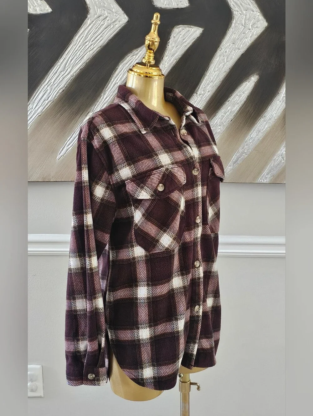Just Polly New York Plaid Shacket Medium Brown Cream Button Up Flannel